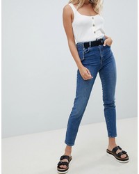ASOS DESIGN High Waist Slim Mom Jeans With Waist Utility Detail In Mid Blue Wash
