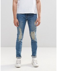 Pull&Bear Jeans In Slim Fit With Rips In Vintage Blue
