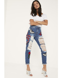 Missguided Blue High Rise Snake Badge Mom Jeans