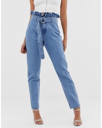 Missguided Mom Jeans With Paperbag Waist In Stonewash