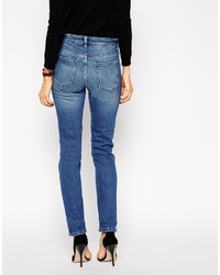 Asos Petite Kimmi Supersoft Stretch Shrunken Boyfriend Jeans In Mid Wash Vintage With Ripped Knee
