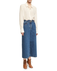 Valentino Scalloped High Waist Cropped Wide Leg Jeans Light Blue