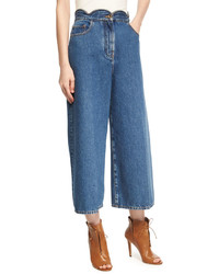 Valentino Scalloped High Waist Cropped Wide Leg Jeans Light Blue