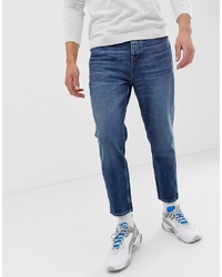 Bershka Slim Fit Jeans In Mid Blue With Cropped Leg