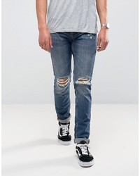 Pull&Bear Slim Jeans With Heavy Knee Rips In Dark Wash Blue