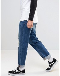 Asos Straight Jeans With Distressing In Mid Blue