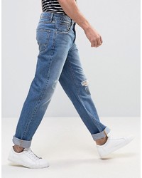 Asos Straight Jeans With Knee Rips In Mid Blue