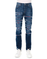 Alexander McQueen Straight Leg Slashed Selvedge Denim Jeans Blue