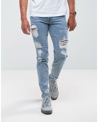 Asos Stretch Slim Jeans In Vintage Light Wash With Heavy Rips
