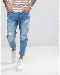 Solid Tapered Cropped Jeans With Rips In Light Blue