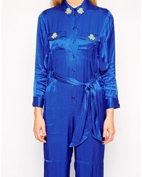 American Retro Belted Jumpsuit With Embellished Collar