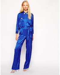 American Retro Belted Jumpsuit With Embellished Collar