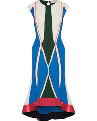Esteban Cortazar Asymmetric Satin Trimmed Color Block Stretch Knit Midi Dress Blue