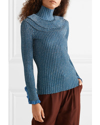 Chloé Ruffled Metallic Ribbed Knit Silk Blend Turtleneck Sweater