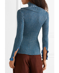 Chloé Ruffled Metallic Ribbed Knit Silk Blend Turtleneck Sweater