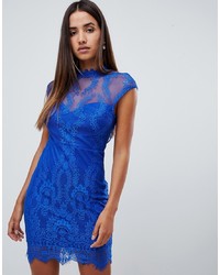 Love Triangle Lace High Neck Open Back Bodycon Dress In Cobalt Blue