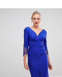 Little Mistress Tall Wrap Front Pencil Dress With Lace Sleeve Detail In Cobalt