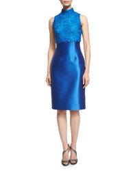 Monique Lhuillier Ml Sleeveless Mock Neck Lace Bodice Cocktail Dress