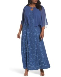 Alex Evenings Plus Size V Neck Lace Gown With Capelet Overlay