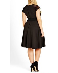 City Chic Plus Size Lace Sleeve Belted Fit Flare Dress