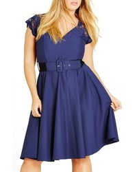 City Chic Plus Size Lace Sleeve Belted Fit Flare Dress