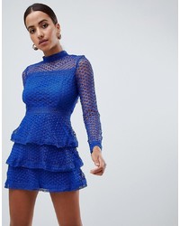 AX Paris Long Sleeve Crochet Lace Mini Dress With Tiered Skirt