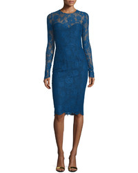 Monique Lhuillier Long Sleeve Lace Sheath Dress Royal Blue