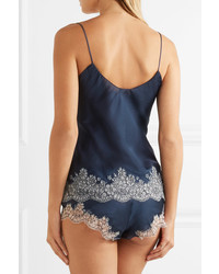 Carine Gilson Chantilly Lace Trimmed Silk Satin Camisole Navy