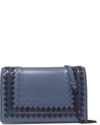 Bottega Veneta Snake Trimmed Intrecciato Leather Shoulder Bag Light Blue