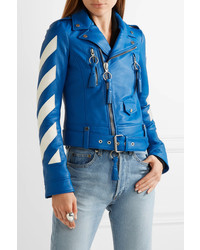 Off-White Cropped Tasseled Leather Biker Jacket Bright Blue