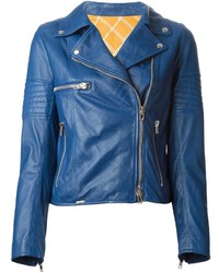 Women's Blue Leather Biker Jacket, Light Blue Denim Shirt, White Wide ...