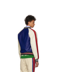 Gucci Blue And Beige Leather Bomber Jacket