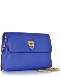 Roberto Cavalli Panther Electric Blue Leather Clutch Wchain Strap