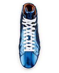 Bally Eticon Metallic Leather High Top Sneaker Blue