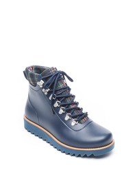 Blue Leather Lace-up Flat Boots