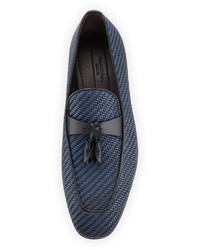 Ermenegildo Zegna Lido Bicolor Woven Leather Tassel Loafer Navy