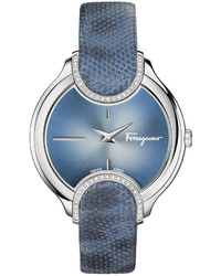 Salvatore Ferragamo 38mm Signature Watch W Diamonds Leather Strap Blue
