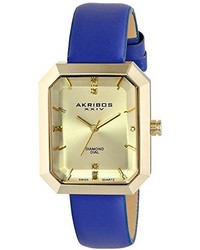 Akribos XXIV Ak749bu Lady Diamond Accented Gold Tone Watch With Blue Leather Band