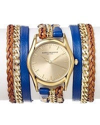 Sara Designs Blue Leather Chain Wrap Watch 33mm