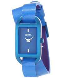 Versus By Versace Sgq030013 Ibiza Rectangular Royal Blue Aluminum Case Leather Strap Patent Top Watch