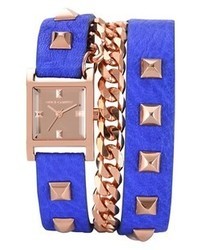 Vince Camuto Double Wrap Chain Leather Strap Watch 21mm Blue Rose Gold
