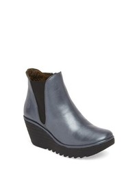 Blue Leather Wedge Ankle Boots