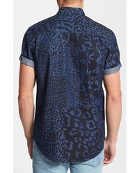 Topman Classic Fit Mixed Leopard Print Short Sleeve Denim Shirt