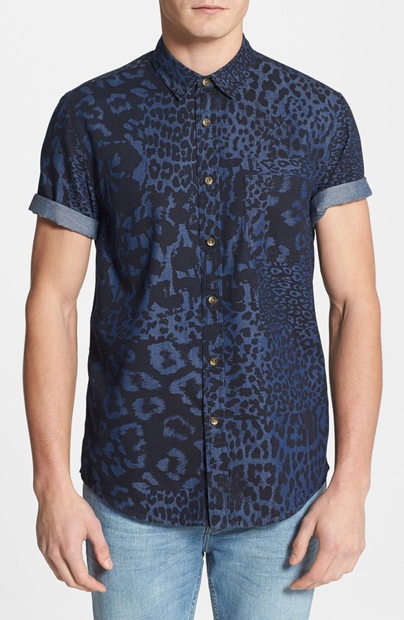 Blue Printed Short Sleeves Denim Shirt|296667801