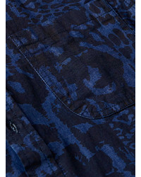 Topman Indigo Patchwork Leopard Print Short Sleeve Denim Shirt, $55