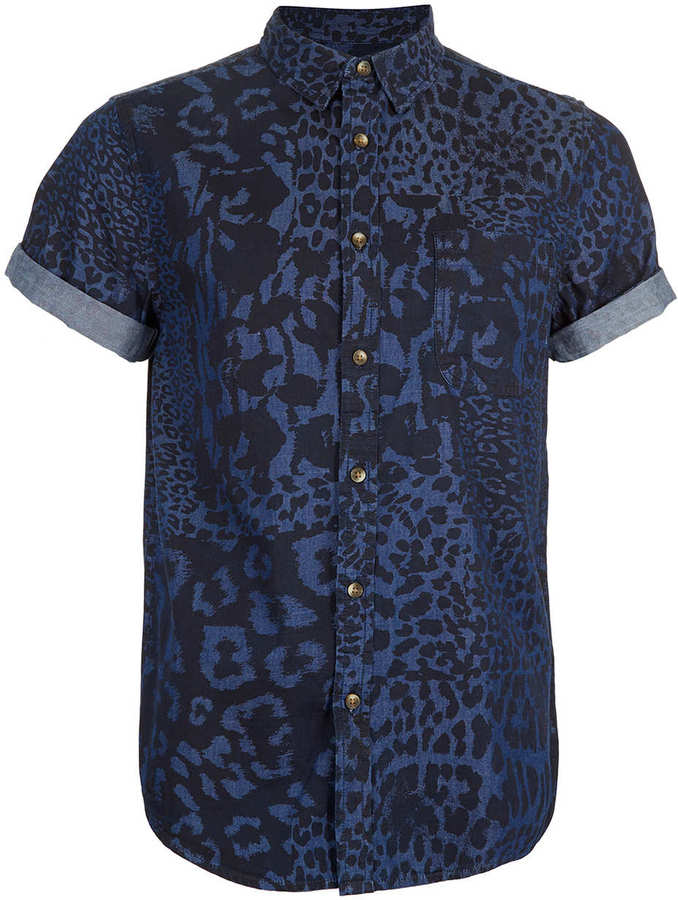 Topman Indigo Patchwork Leopard Print Short Sleeve Denim Shirt, $55 | Topman | Lookastic