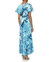 Laundry by Shelli Segal Ruffled Swirling Leopard Print Maxi Dress Blue Beret