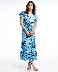 Laundry by Shelli Segal Ruffled Swirling Leopard Print Maxi Dress Blue Beret