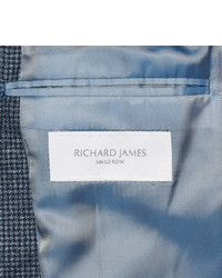 Richard James Blue Slim Fit Slub Linen And Wool Blend Puppytooth Suit Jacket