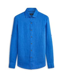 Bugatchi Shaped Fit Print Linen Button Up Shirt In Classic Blue At Nordstrom